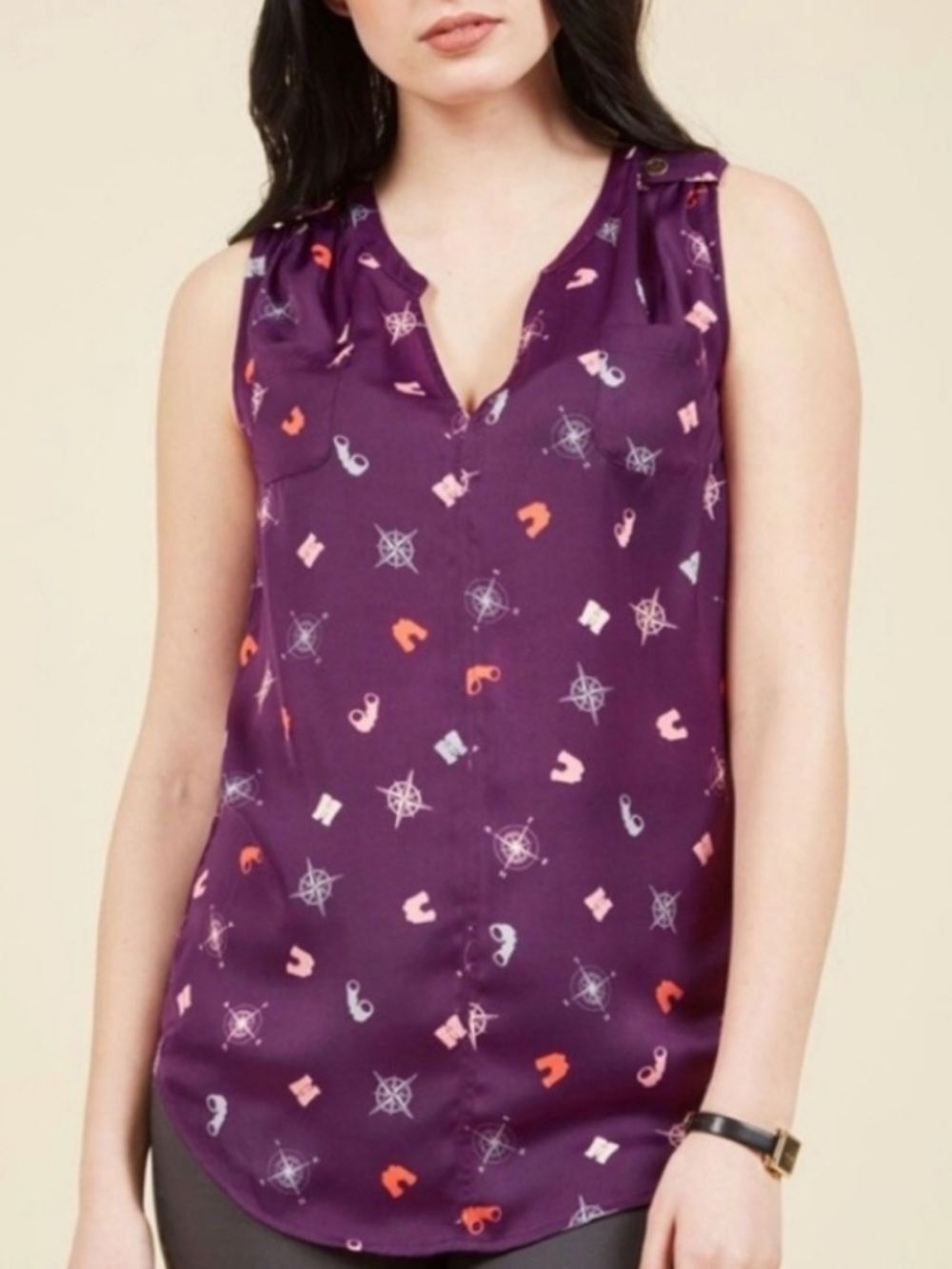 ModCloth Purple Nautical novelty Print Sleeveless Blouse tank